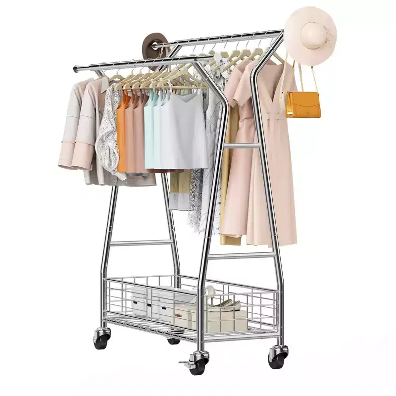 VIYET Heavy Duty Rolling Clothes Rack-Carbon Steel, 2 Hanging Rods, Storage Basket, 330LBS Load, Extendable