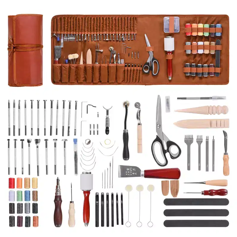 VEVOR Leather Working Tools Kit, 92 PCS Leather Craft Tools with Portable Leather Storage Bag, Engraving Punching Sewing Stamping Sanding Tools,Brown