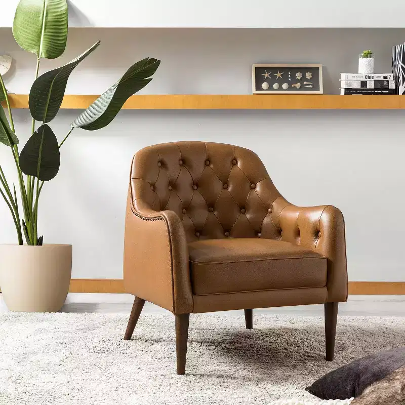 28.5" Wide Tufted Genuine Leather Accent Barrel Chair for Living Room with Solid Wood Legs