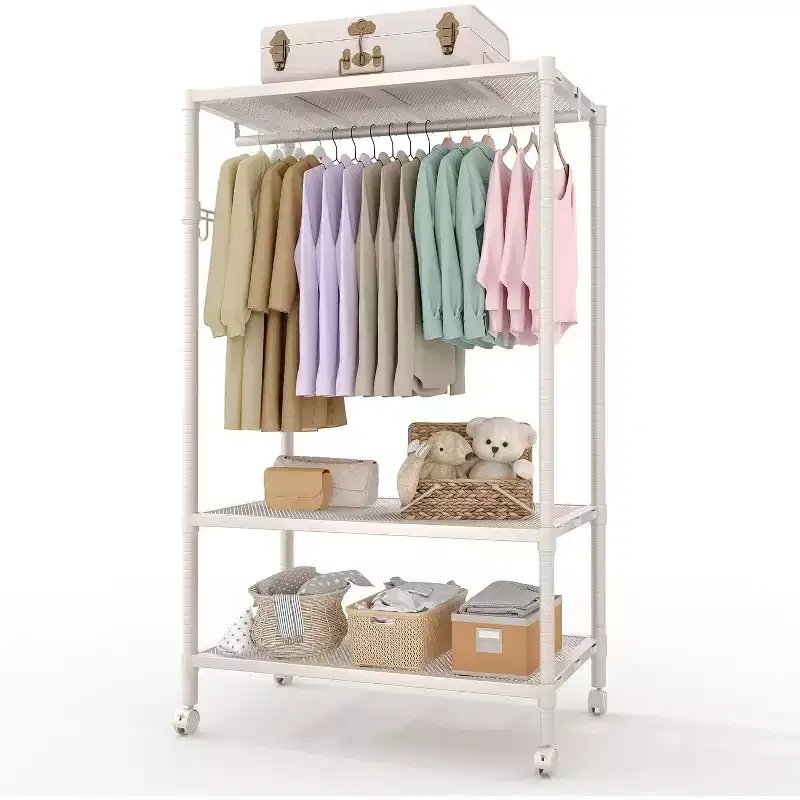 Heavy-Duty Rolling Clothes Rack with Wheels, Side Hooks & Mesh Storage Shelf, Portable Garment Organizer for Bedroom, Dorm, Laundry, 695LB, Gray
