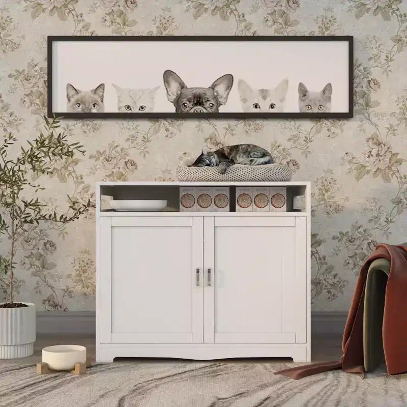 JVNOXK Wooden Cat Litter Box Furniture with Hidden Cord Port, 2 Doors Large Enclosed Cat Litter Cabinet, Storage Bench Side Table for Living Room