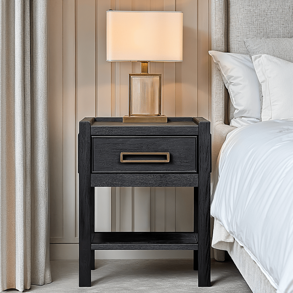 Black Oak Veneer 1 Drawer Bedside Table