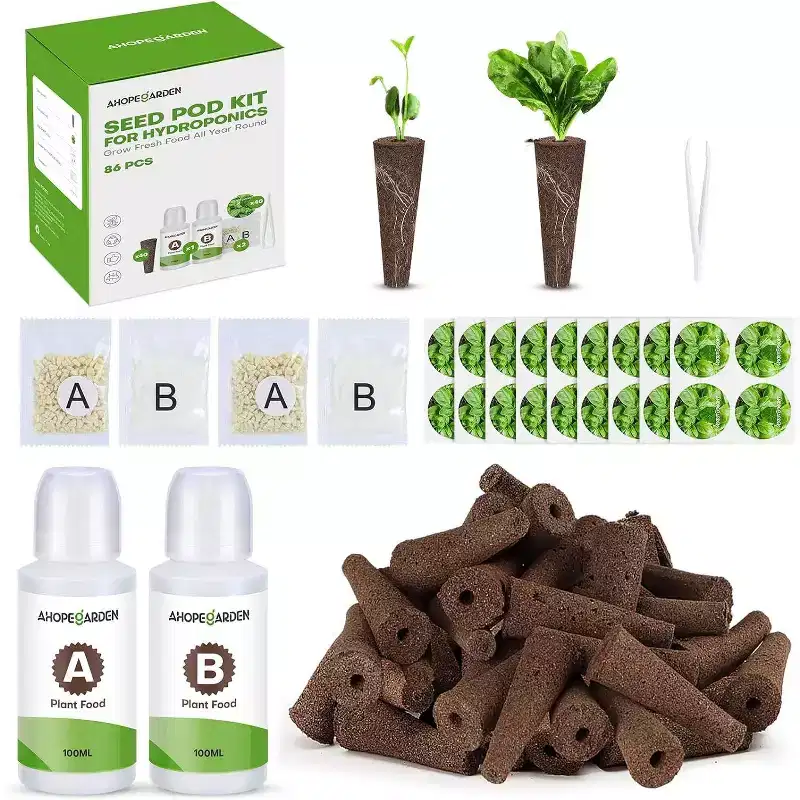 Ahopegarden 86PCS Hydroponic Pods Kit: Grow Anything Herb Kits with 600ml A&B Plant Food, 40 Grow Sponges, 40 Labels, 1 Tweezer Hydroponics Supplies