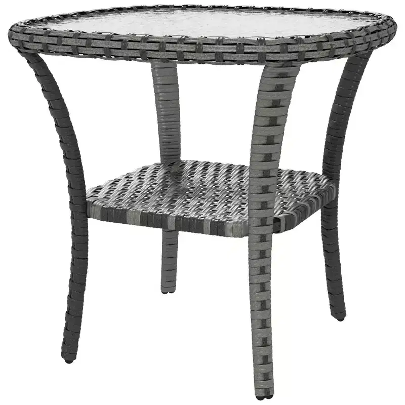 Outdoor Wicker Coffee Table with Storage Shelf &ndash; Hand-Woven Side Table with Water-Ripple Glass Top