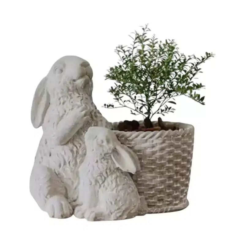 Slickblue Mother and Child Rabbit Cement Planter, Drain Hole, Indoor/Outdoor Decorative Flower Pot, 8.5x6x8