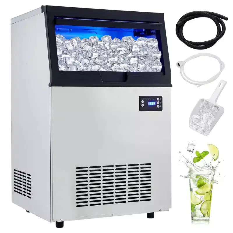 Commercial Ice Maker, 100lbs/24H Ice Machine, 50 Ice Cubes in 8-15 Minutes, Freestanding Cabinet Ice Maker with 33lbs Storage Capacity,2 Water Inlet