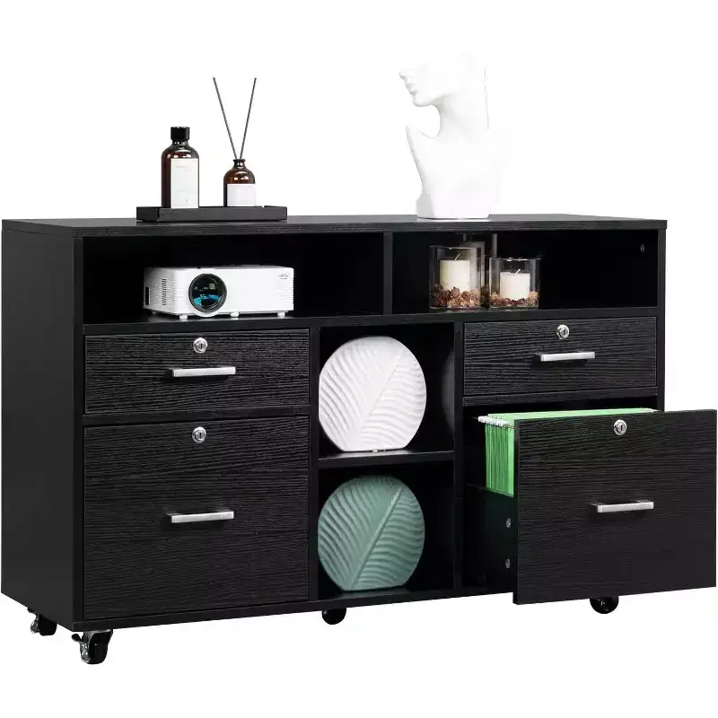 VINGLI Wood Mobile File Cabinet with 4 Drawers and Shelves, Printer Stand with Open Storage, Locking Lateral Filing Cabinet for Home Office