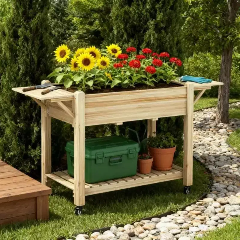 NAYSAYE Elevated Garden Bed Wood Raised Planter Box with Lockable Wheels and Drain Holes for Growing Vegetables Flowers and Herbs, 57*20*34