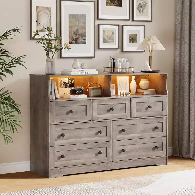 7 Drawer Dresser for Bedroom with LED Lights, Wooden Chest of Drawers with 2 Open Compartments and Charging Station for Closet, Entryway