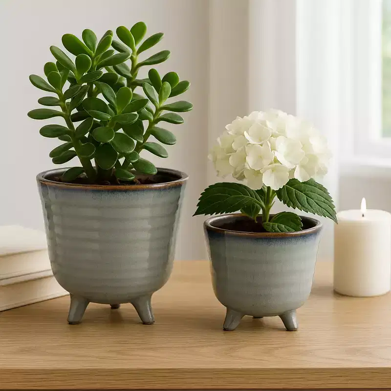 Planters and Flower Pots for Home Decor - Glazed Ceramic Pots with Footed Design for Indoor and Outdoor Plant Stands - Set of 2 - 6, 5 Blue