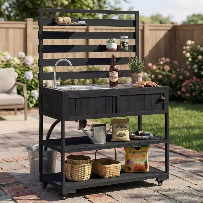 GDFStudio Shiloh 41.7 Outdoor Potting Bench with Stainless Steel Sink, Movable Shelves