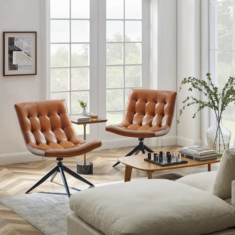 360&deg; Swivel Armless Accent Chair | Faux Leather | Black Steel Base | Home Office & Living Room