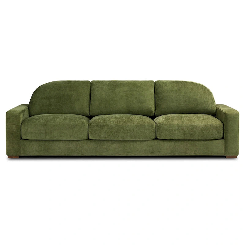99-Inch Mid-Century Sofa &ndash; Distressed Green Velvet, Low-Profile, Sinuous Spring, Seats 3