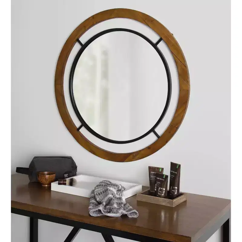 32" Round Wall Mirror, Brown Rustic Wood Frame, Shabby-Chic, No Assembly Required
