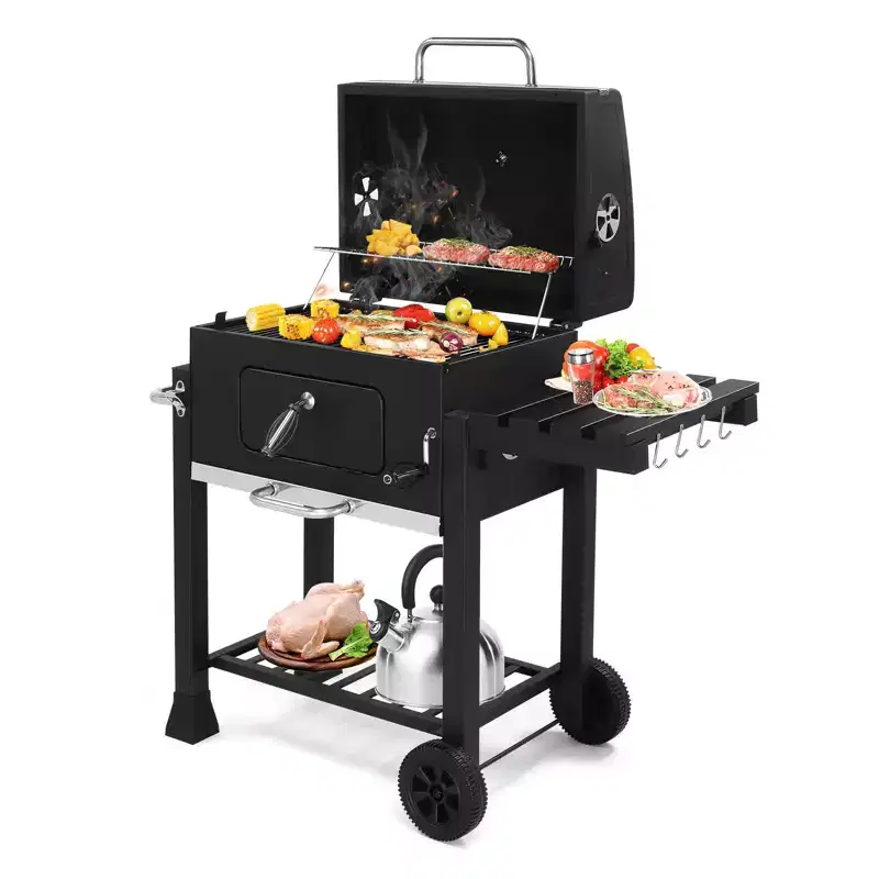 Charcoal Grill with Foldable Side Table and Wheels, Heavy-duty BBQ Grill for Outdoor Picnics Patio Garden and Backyard Grilling