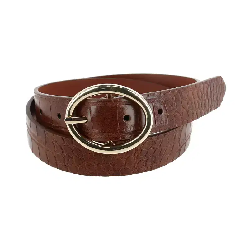 CTM Women's Croc Print Center Bar Buckle Belt, Small, Brown