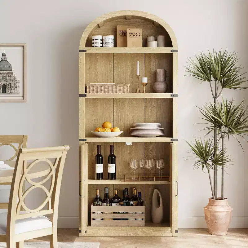 Bookcase with Doors Arched Bookshelf 71.65in Tall Bookcase Farmhouse Cabinet with Shelves Wooden Bookshelves for Home Office, Living Room