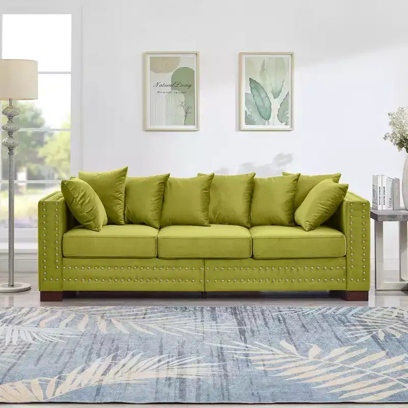 60.5" Modern 3-Seater Velvet Sofa with Silver Nails & Square Armrest, Green