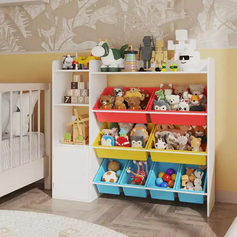 Childrens Wooden Toy Organizer with 8 Bins & 3 Shelves,Storage Bookshelf for Toys,Books,Games,and Crafts,Playroom Organization Bookcase