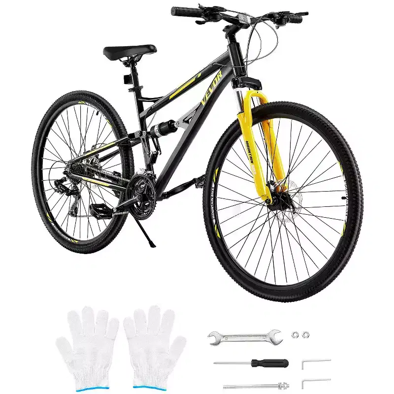 VEVOR Mountain Bike, 29 inch MTB Bicycle with Full Dual Suspension, 24 Speeds Twist Shifting, Dual Disc Brakes, Aluminum Alloy Frame,Black&Yellow