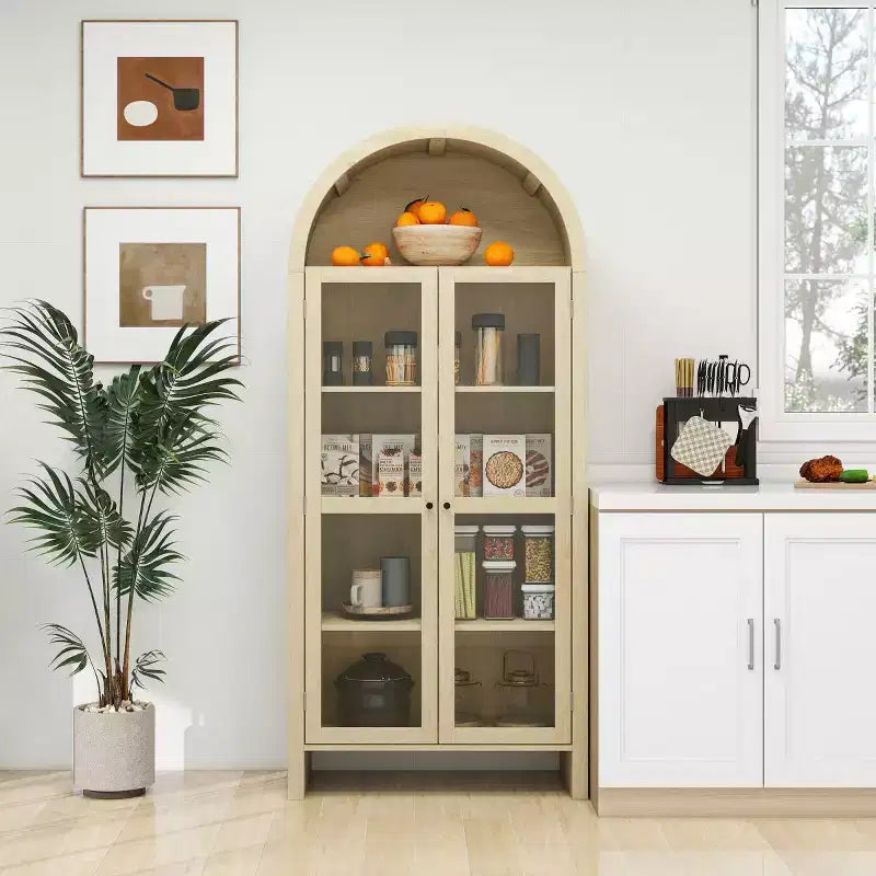 70 Modern Arched Display Cabinet with Glass Doors, Natural Kitchen Storage Cabinet for Dining Room, or Living Room-