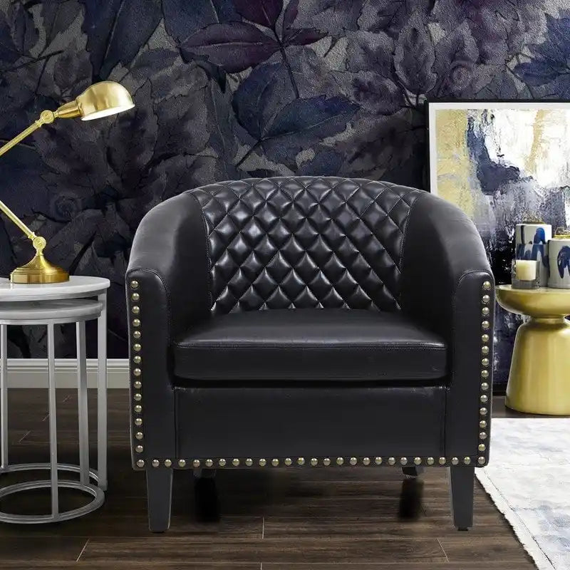 Barrel Accent Chair &ndash; Black / Brown / White, PU Leather, Nailhead Trim, Solid Wood Legs, Seats 1