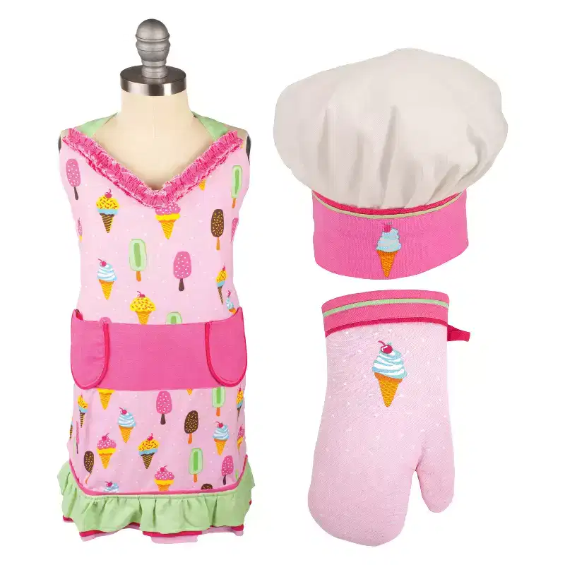 Kids' Apron/Mitt/Hat 3pc Set Pink - Mu Kitchen: Cotton Cooking Dress, Ice Cream Pattern