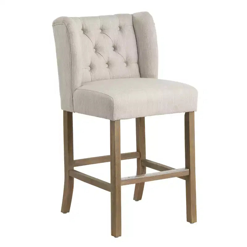 Set of 2 Beige Upholstered Counter Height Stools with Brown Solid Wood Frame
