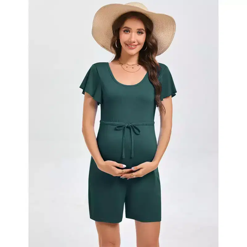 Coolmee Women's Maternity Romper Solid Crew Neck Flutter Short Sleeve Rompers Drawstring Waist Bodysuit Short Pants Maternity Clothes M Green
