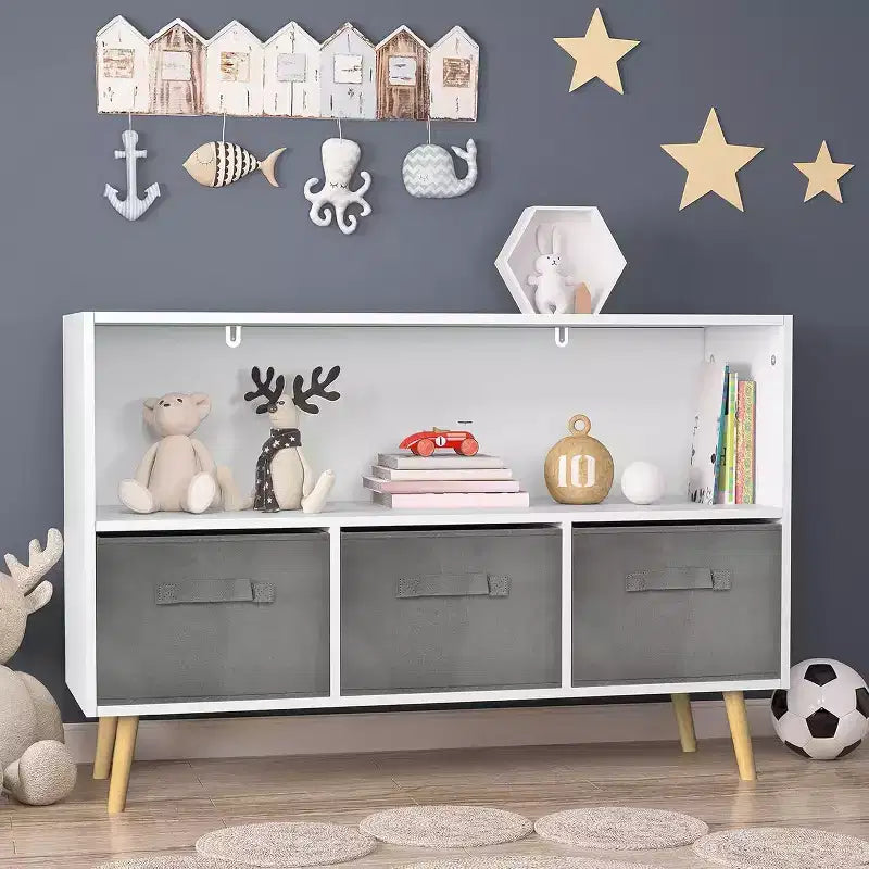 Kids Bookshelf, 4-Cubby Toy Storage Organizer with Collapsible Fabric Drawers, Book Display for Playroom, Nursery, Kids Room