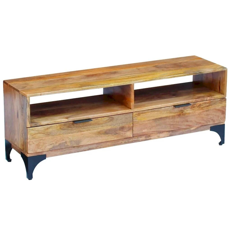 Handmade Mango Wood TV Stand &ndash; Brown, Rustic Style, 2 Drawers & 2 Compartments