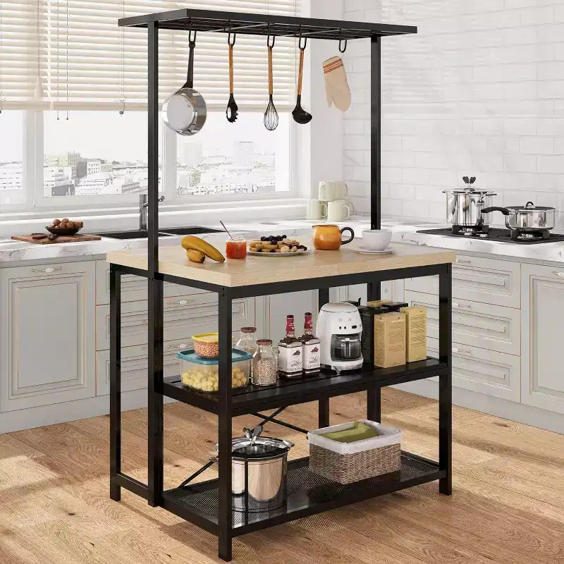 Large Kitchen Island Bakers Rack Microwave Oven Stand Shelf with 3 Tier Storage, Metal Coffee Bar Table, Kitchen Storage for Dining Living Room