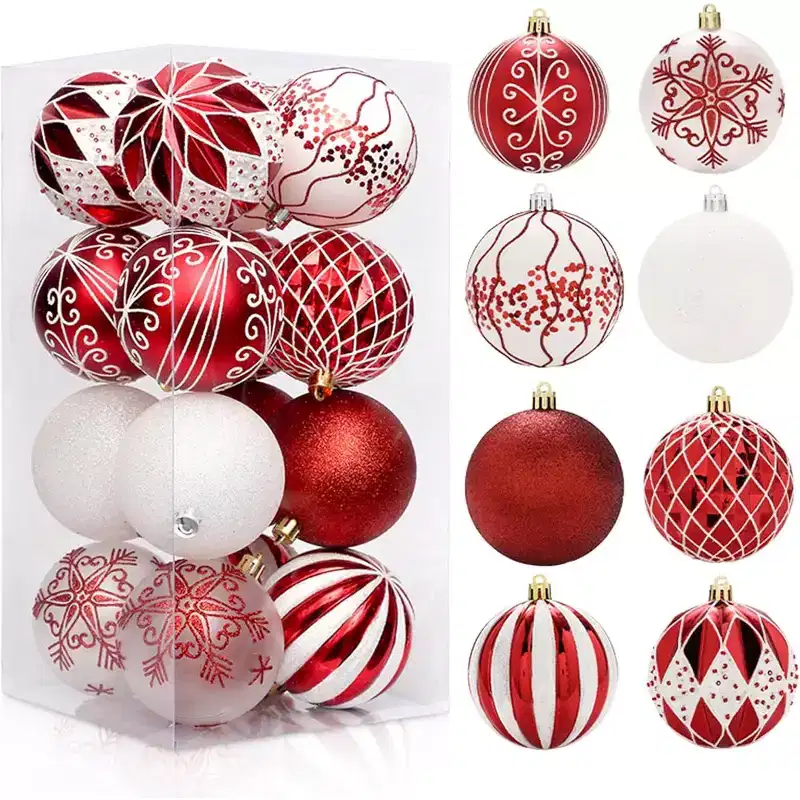 16ct Christmas Balls Ornaments Decor Set, Shatterproof Xmas Balls Hanging Tree Ornaments for Christmas Tree Wreath Garland, Red White, 3.15in/8cm