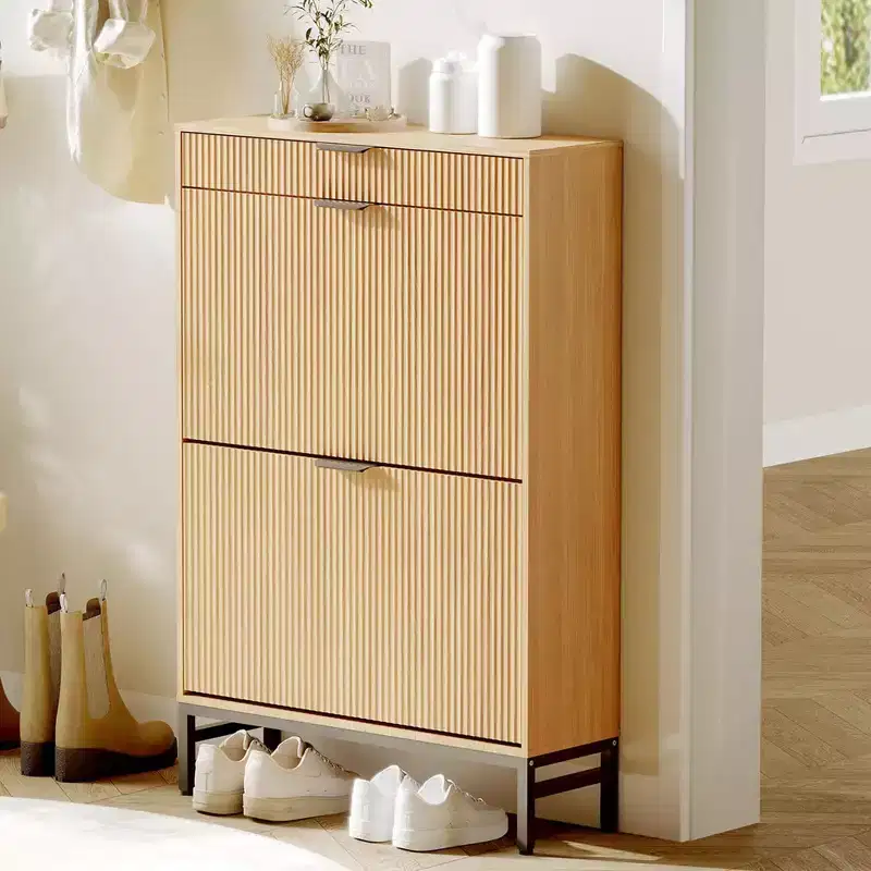 Flip-Door Shoe Cabinet with 3 Drawers - 31.5"W x 52.36"H Entryway Shoe Organizer, Engineered Wood & Metal