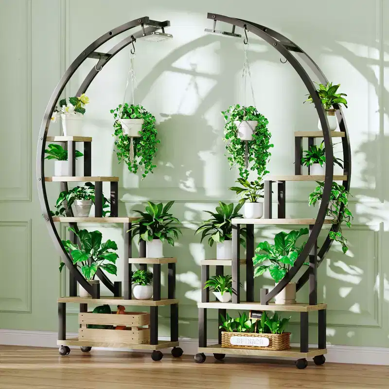 Bestier 65 Round Shaped Plant Stand with Grow Lights & Wheels, 6-Tier Tall Metal Plant Shelf Display Shelf with Hanging Hooks