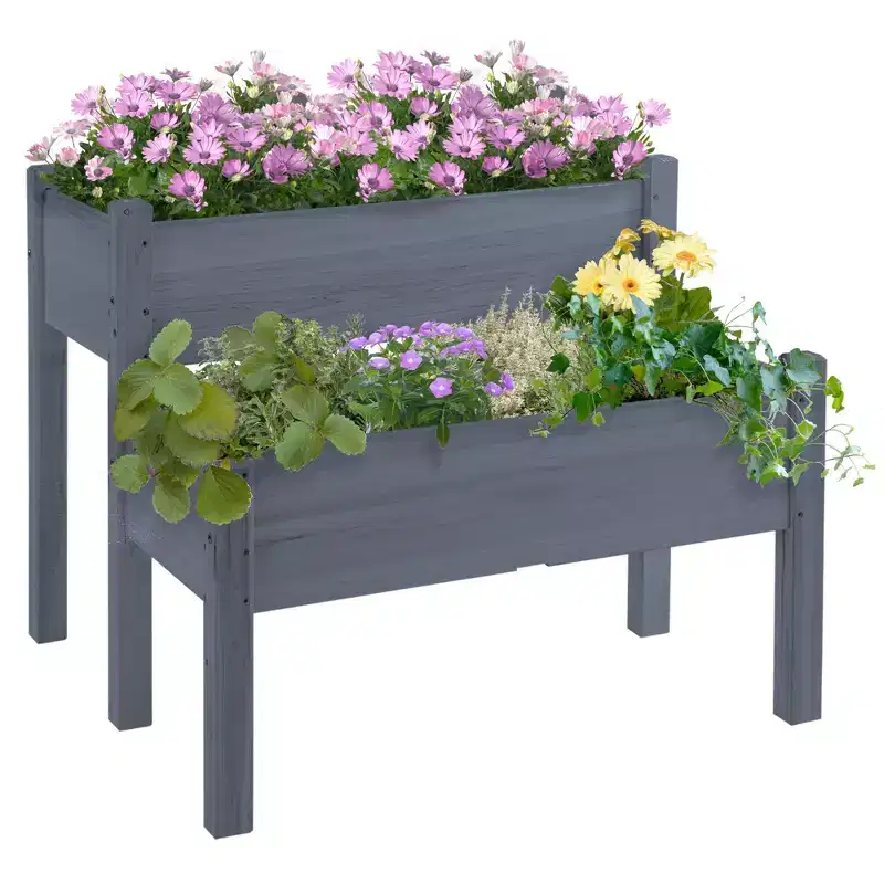 Okak 2-Tier Elevated Raised Garden Bed, Wooden Outdoor Planter with Legs, Planter Box for Grow Vegetables, Herbs and Flowers