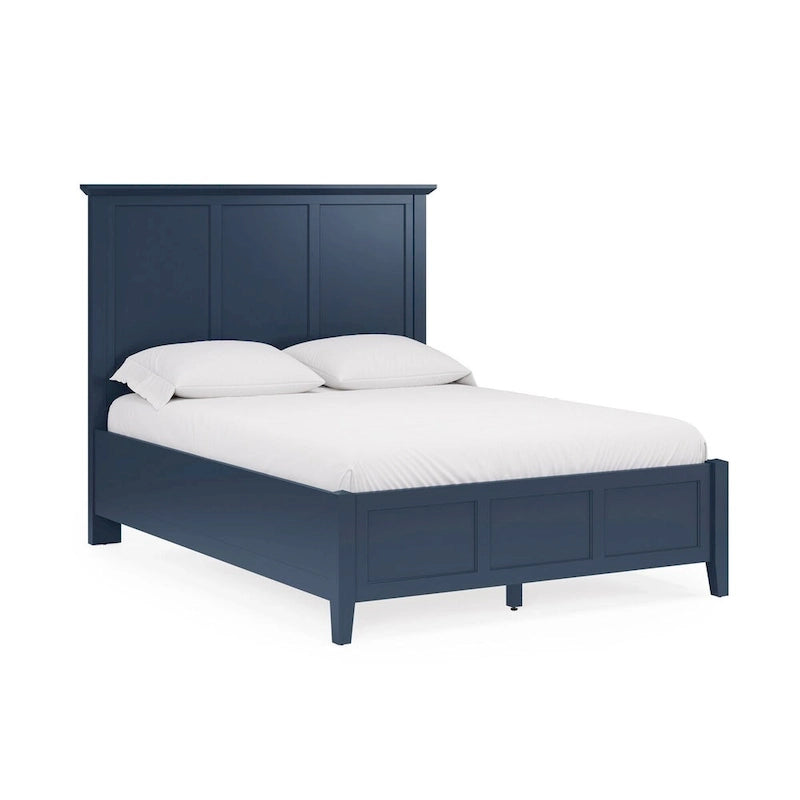 King Solid Wood Bed &ndash; Blue, Three-Panel Headboard, Crown Molding, Mahogany, Sleeps 1