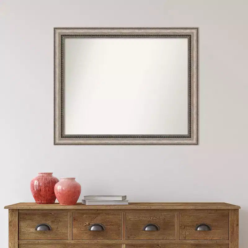 32" x 26" Non-Beveled Ornate Silver Wall Mirror, Modern Rectangle