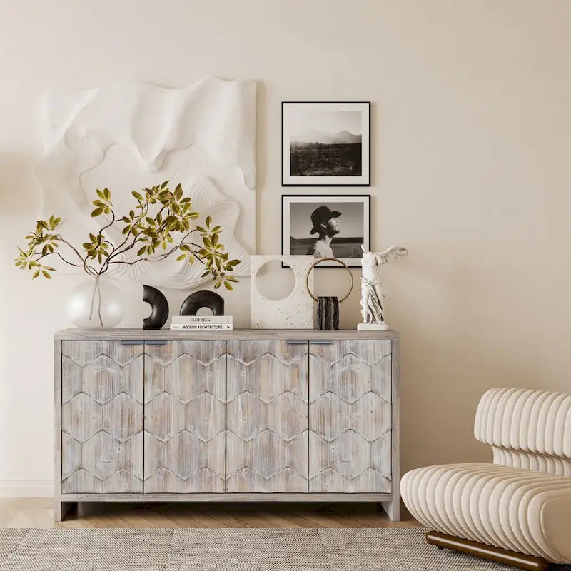 Farmhouse Style 4 Door Wooden Sideboard for Living Room