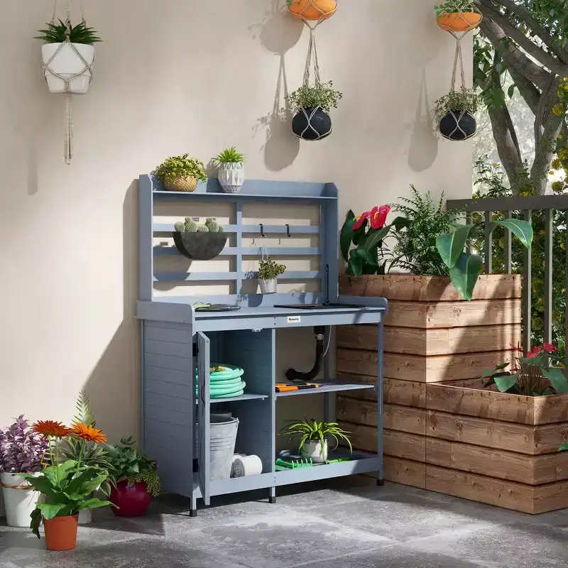 Whisen Patio Wooden Potting Bench, Outdoor Garden Work Station Table with Storage Cabinet, Storage Shelves, Sink, Water Tap, Wood Table Top - Gray