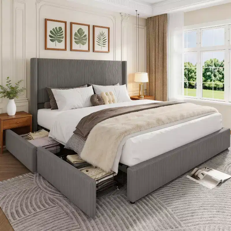 Gray Corduroy Upholstered Platform Bed Frame with Storage Drawers, Tufted Headboard & Footboard &ndash; Queen/King
