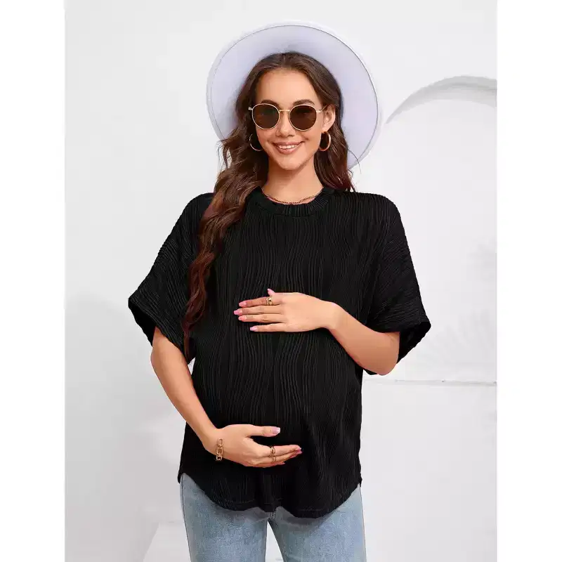 Womens Maternity Shirts Summer Ribbed knit Short Sleeve Casual Pregnancy Clothes Crewneck Loose Maternity Tops