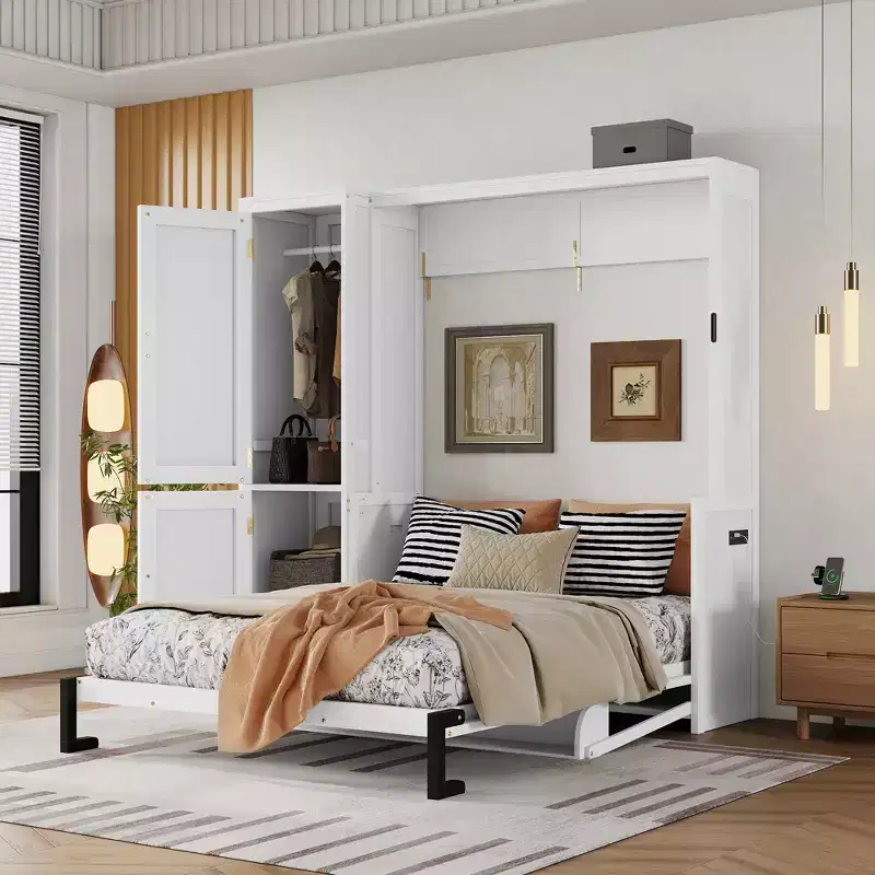 Queen Size Murphy Bed with Wardrobe & Desk, Space-Saving Hidden Wall Bed Frame with Charging Station, White - ModernLuxe