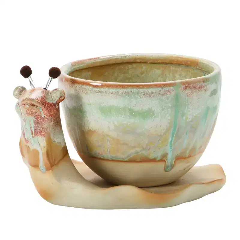 Storied Home Decorative Stoneware Snail Planter with Reactive Glaze, Brown