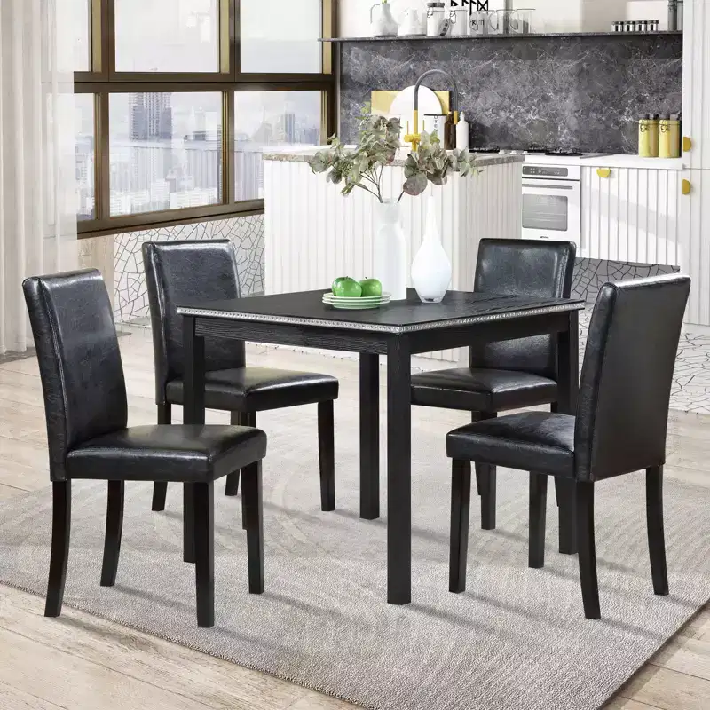 GDFStudio Jensen Modern 5 Piece Acacia Wood Faux Leather Upholstered Dining Chairs with Square Dining Table