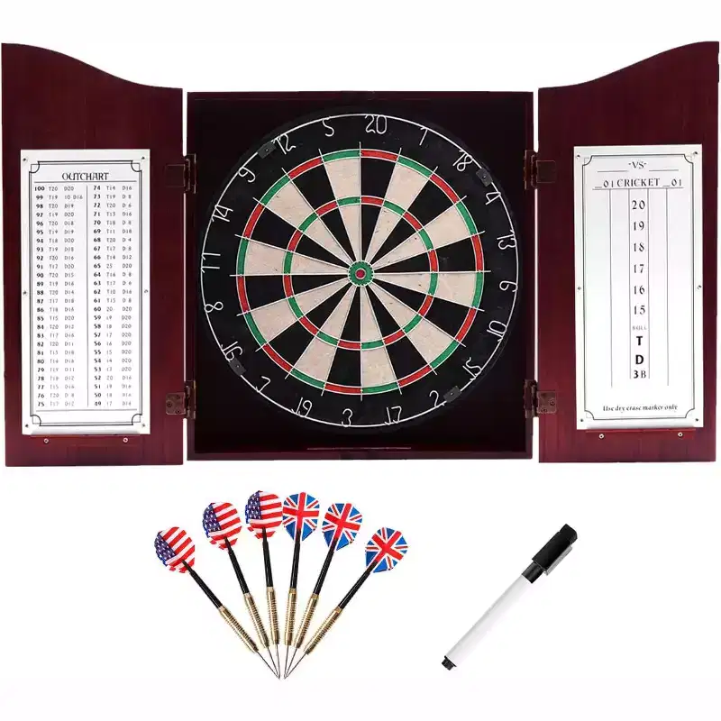 GSE Dartboard Cabinet with Sisal/Bristle Dartboard, Dart Scoreboard, and 6 Steel Tip Darts