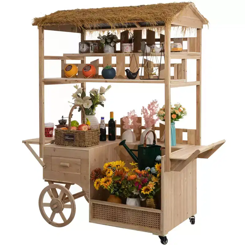 Versatile Multi-Tier Wooden Rolling Cart  Ideal for Festivals, Events, Food Tasting, Garden Display & Home Decor.