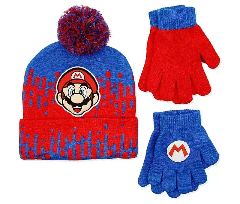 ABG Accessories Boys Super Mario Winter Hat and Gloves set  Red and Blue Winter Beanie and Gloves for boys ages 4-14 Years