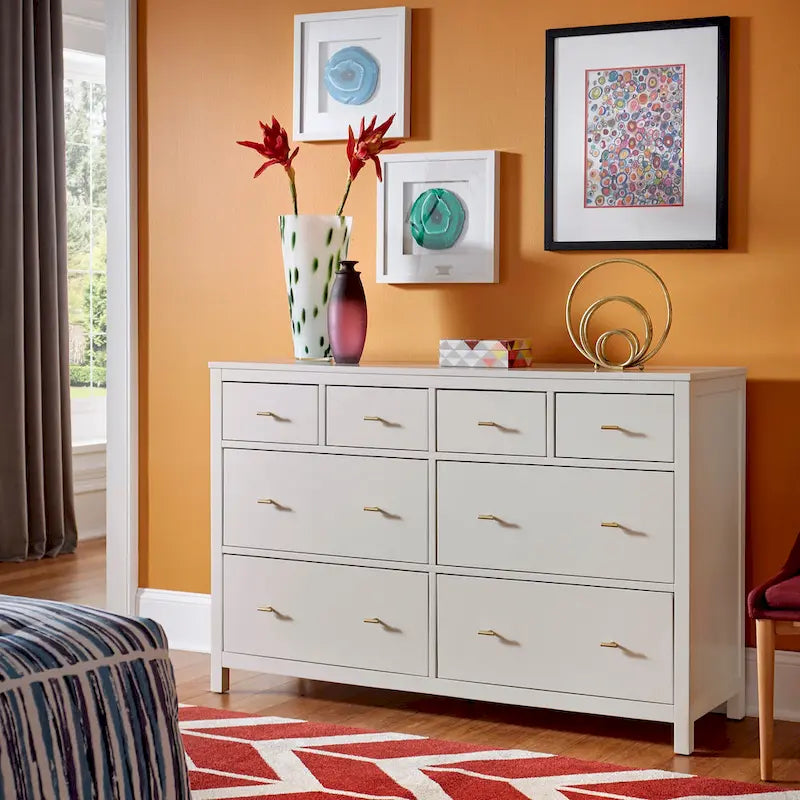 8-Drawer Dresser &ndash; White / Blue, Gold Pulls, Rubberwood & Plywood, Modern Style