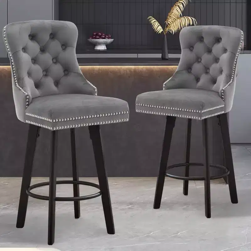 Zeus & Ruta Modern Velvet Swivel Bar Stools Set of 2 with Button Tufted, Rivet Trim & Metal Ring